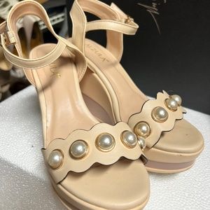 Nude Wedge Pearl Shoes